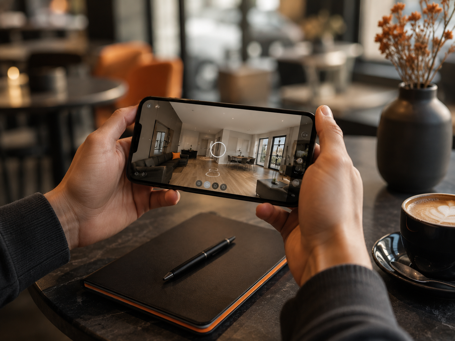 Mietinteressent betrachtet einen digitalen 360-Grad-Rundgang einer Wohnung auf dem Smartphone
