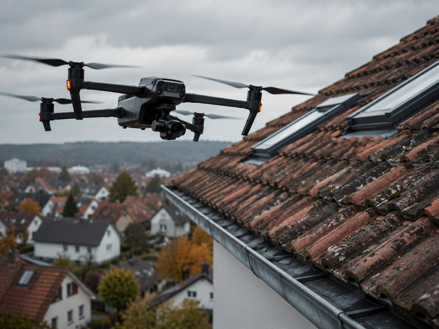 Drohne bei der digitalen Dachinspektion eines Wohngebäudes in Chemnitz