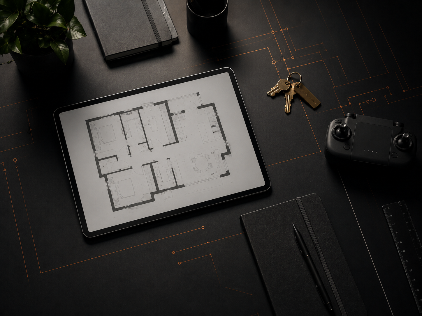 Digitale Tools der Hausverwaltung: Tablet mit Grundriss, Schlüssel und Drohnensteuerung
